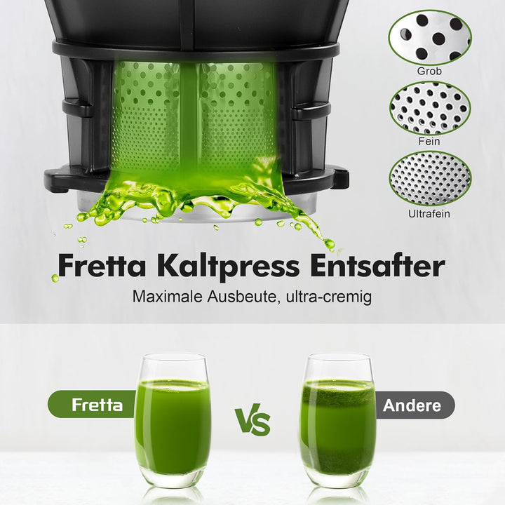 Fretta Entsafter Slow Juicer, Edelstahl Entsafter Gemüse und Obst Testsieger, 135MM Öffnung & 1,8L J