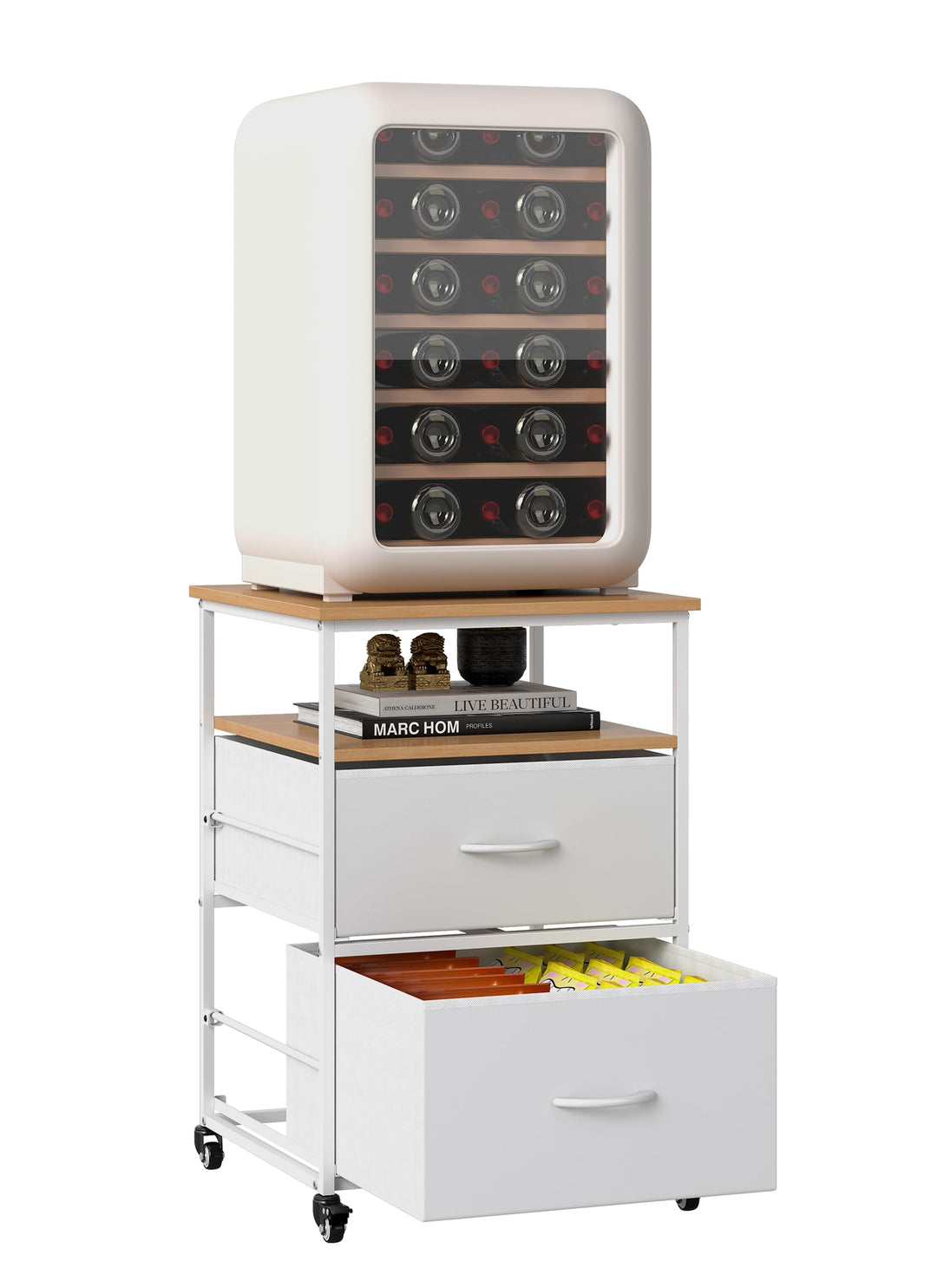 Portable Mini-Kühlschrankregal mit 4 Rollen Schrank mit 2 Schubladen Küchenwagen Wagen Beistelltisch