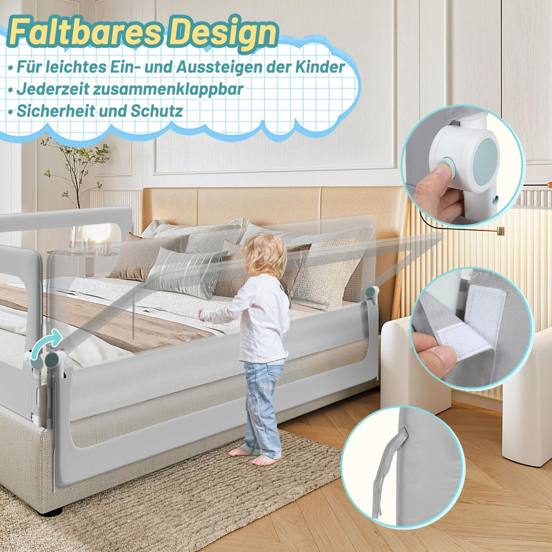180cm Bettgitter Rausfallschutz, Kinderbettgitter um 180 Grad Klappbar, Bettschutzgitter Höhenverste