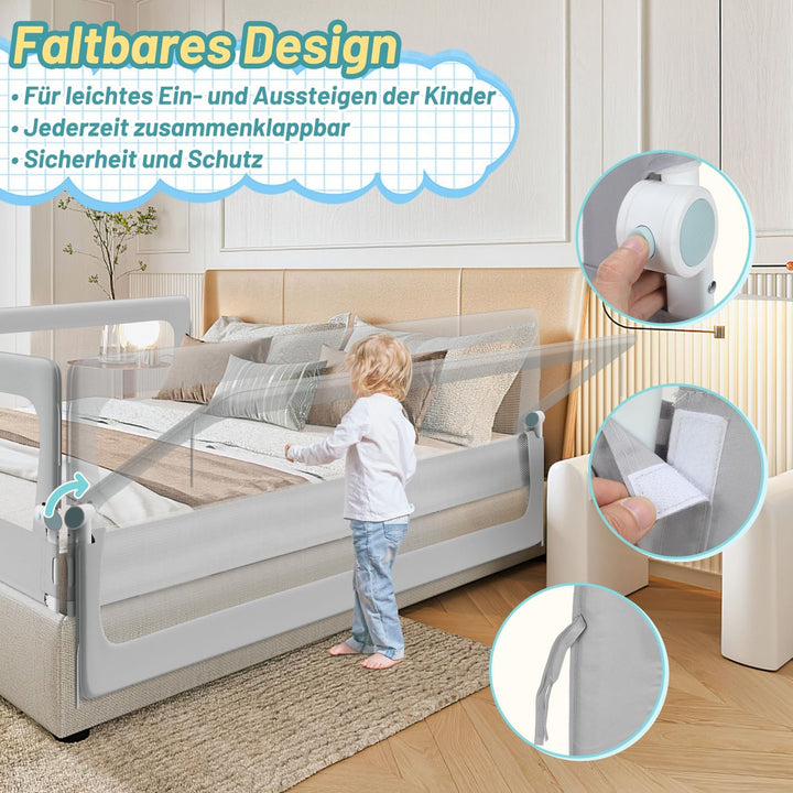 180cm Bettgitter Rausfallschutz, Kinderbettgitter um 180 Grad Klappbar, Bettschutzgitter Höhenverste