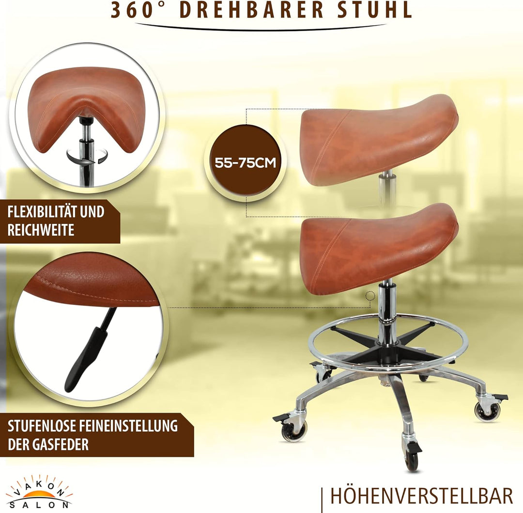 Premium Sattelhocker Hellbraun mit Bremse, Sattelstuhl für Rückenentlastung, Rollhocker höhenverstel
