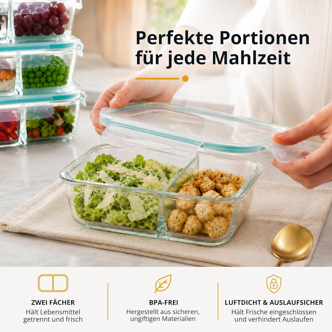 Winter Shore Meal Prep Boxen Glas mit 2 Fächern (5er-Pack) - Lebensmittelsichere, BPA-Freie, Auslauf