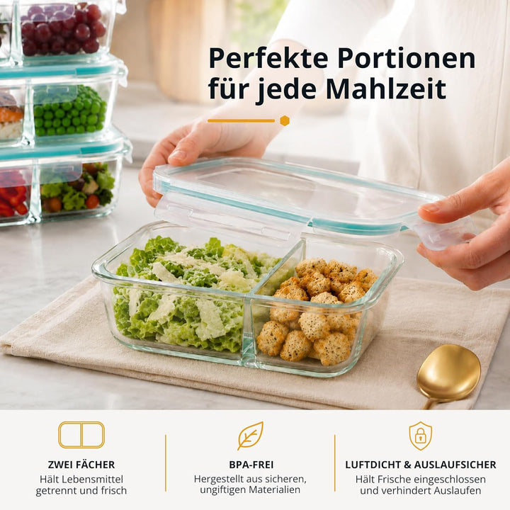 Winter Shore Meal Prep Boxen Glas mit 2 Fächern (5er-Pack) - Lebensmittelsichere, BPA-Freie, Auslauf