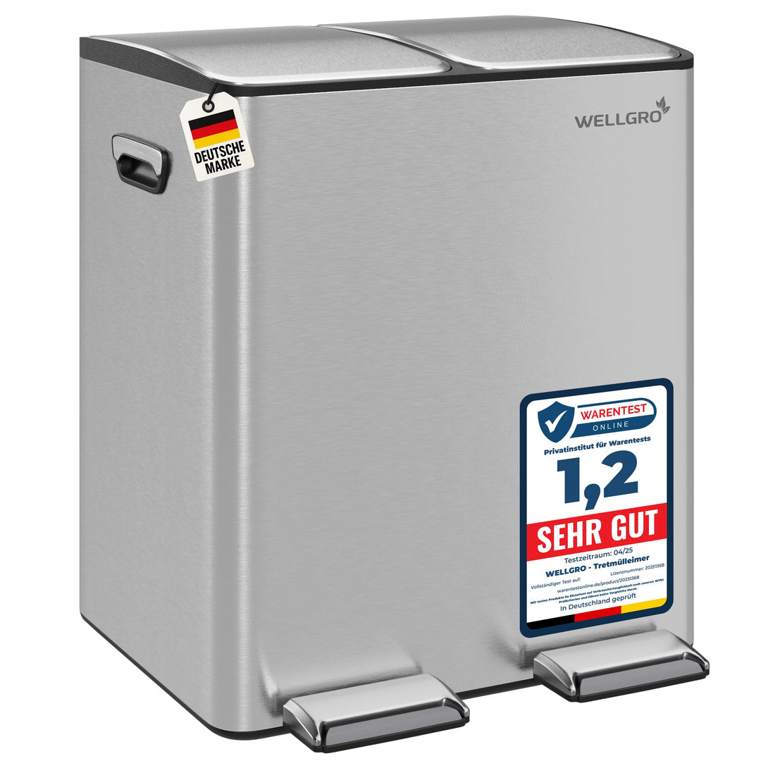WELLGRO Mülleimer Küche 30 Liter – Edelstahl Treteimer 2x15 Liter silber mit Softclose-Deckel, Müllt