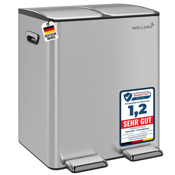 WELLGRO Mülleimer Küche 30 Liter – Edelstahl Treteimer 2x15 Liter silber mit Softclose-Deckel, Müllt