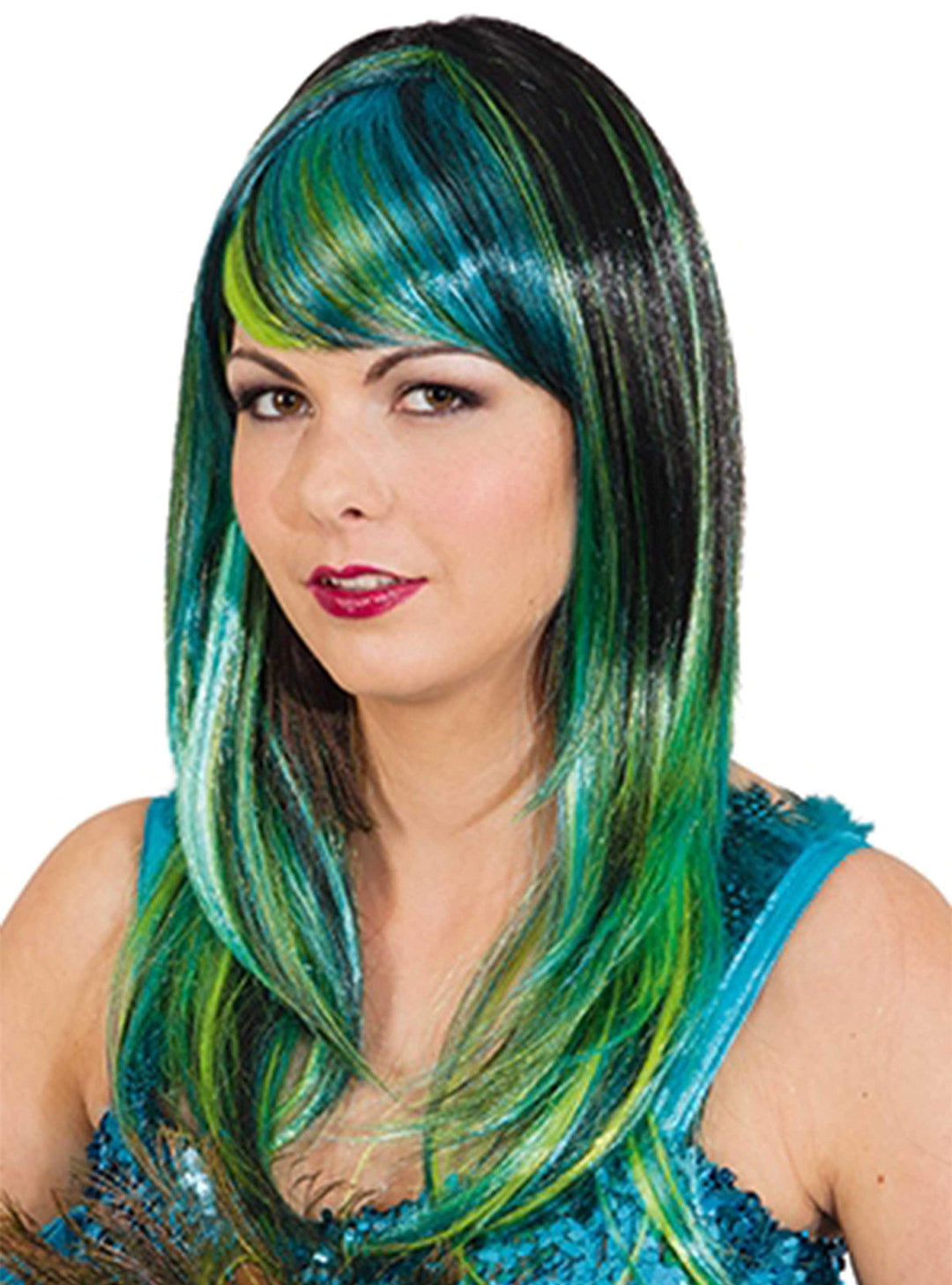 Faschingsperücke Damen Pfauen Lady, schwarz-blau-grün