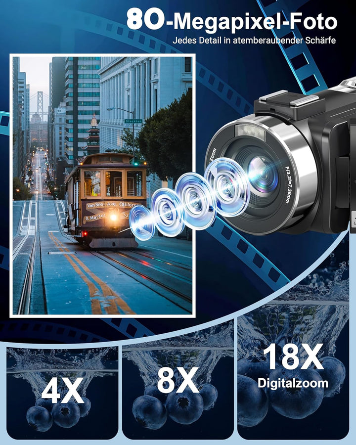Videokamera Camcorder 4K 80MP mit IR Nachtsicht, HD 30FPS 18X Digitalzoom Webcam Videokameras, 3,0-Z