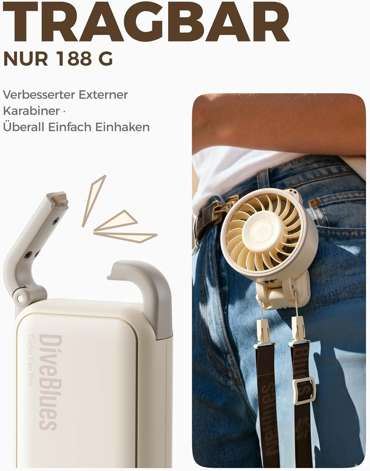 Diveblues Handventilator Tragbarer Turbo-Ventilator mit 100 Stufen und 7.4m/s Starkem Luftstrom, 180