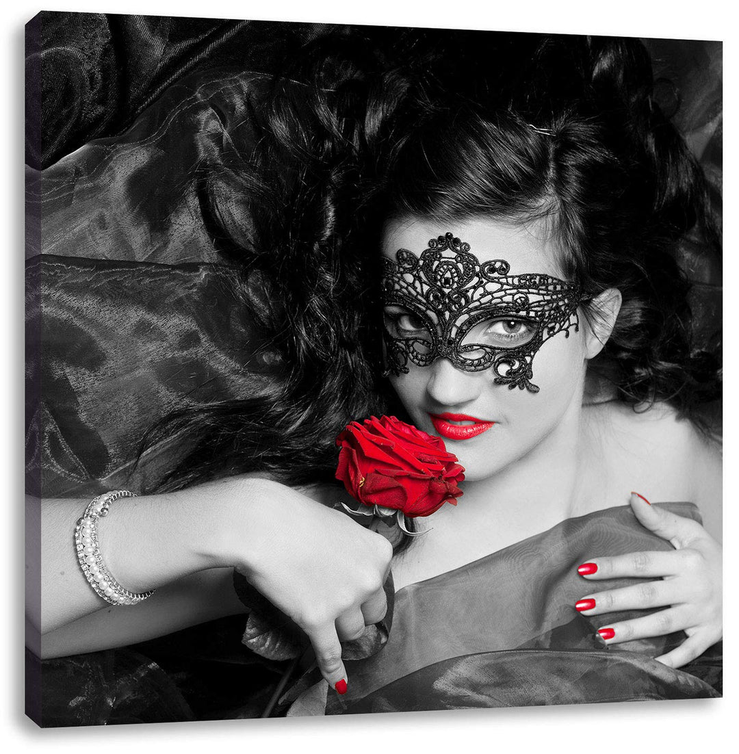 Pixxprint Maskierte Lady mit Rose als Leinwandbild/Grösse: 70x70 cm/Wandbild/Kunstdruck/fertig bespa