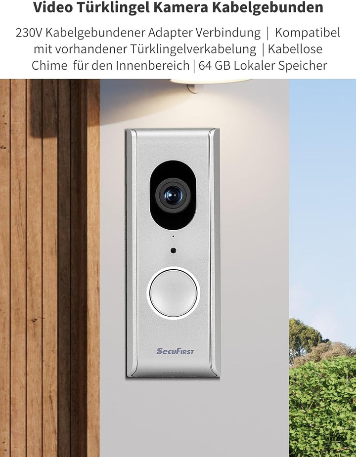 SecuFirst Türklingel mit Kamera mit Chime,Video Türklingel Kabelgebunden,WLAN Klingel Haustür Aussen