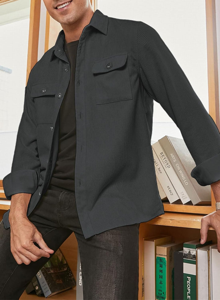 Herren Hemd Cord Langarm Freizeithemd Männer Jacke Regular Fit Button Up Hemdjacke Mit Klappentasche