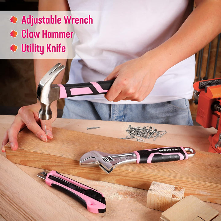 WORKPRO 73-tlg. Werkzeug Set Rosa mit Akkuschrauber klein, pink Metall Werkzeugkoffer gefüllt für Ha