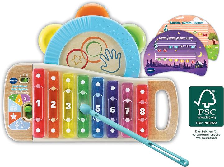 VTech Baby interaktives Holzxylophon mit Tamburin – leuchtendes Musikspielzeug aus 100 % FSC®-Holz –