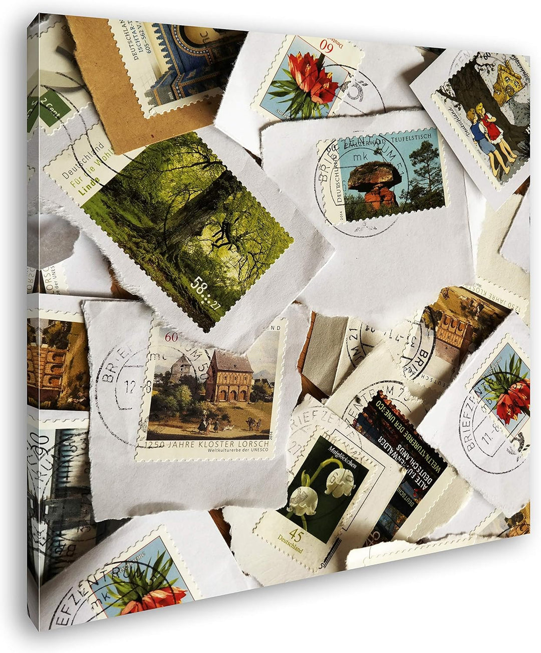 deyoli grosse Sammlung an Briefmarken im Format: 60x60 als Leinwandbild, Motiv fertig gerahmt auf Ec