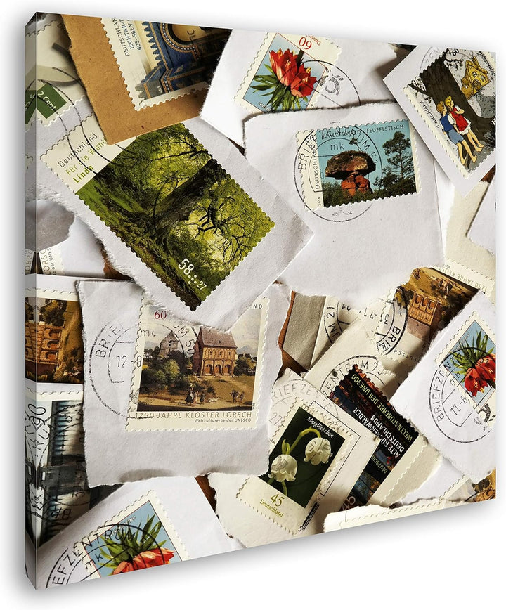 deyoli grosse Sammlung an Briefmarken im Format: 60x60 als Leinwandbild, Motiv fertig gerahmt auf Ec