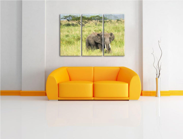 gigantischer Elefant in der Savanne NewArt 3-Teiler Leinwandbild 120x80 Bild auf Leinwand, XXL riesi