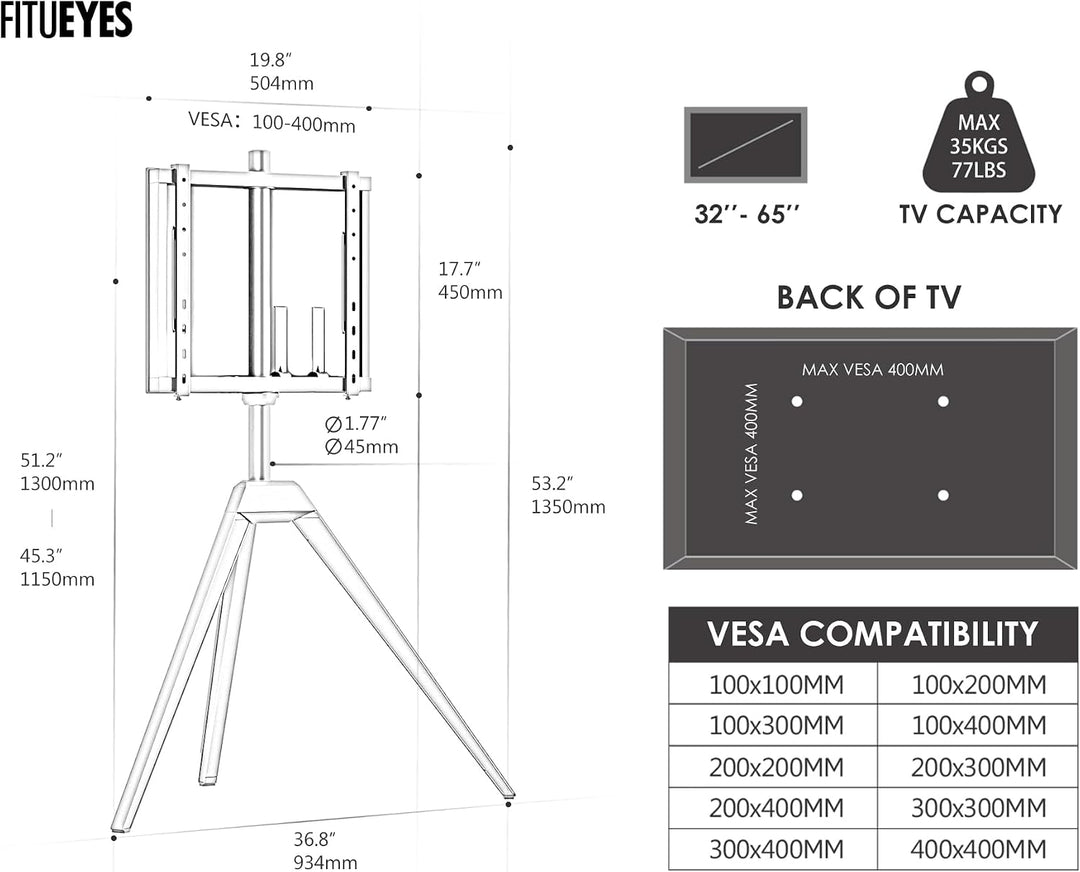 FITUEYES TV Ständer mit Farbverläufe, TV Standfuss im Staffelei Design, für 32-65 Zoll Fernseher, Hö