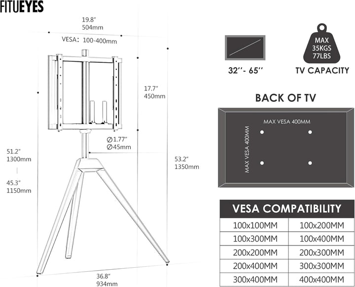 FITUEYES TV Ständer mit Farbverläufe, TV Standfuss im Staffelei Design, für 32-65 Zoll Fernseher, Hö