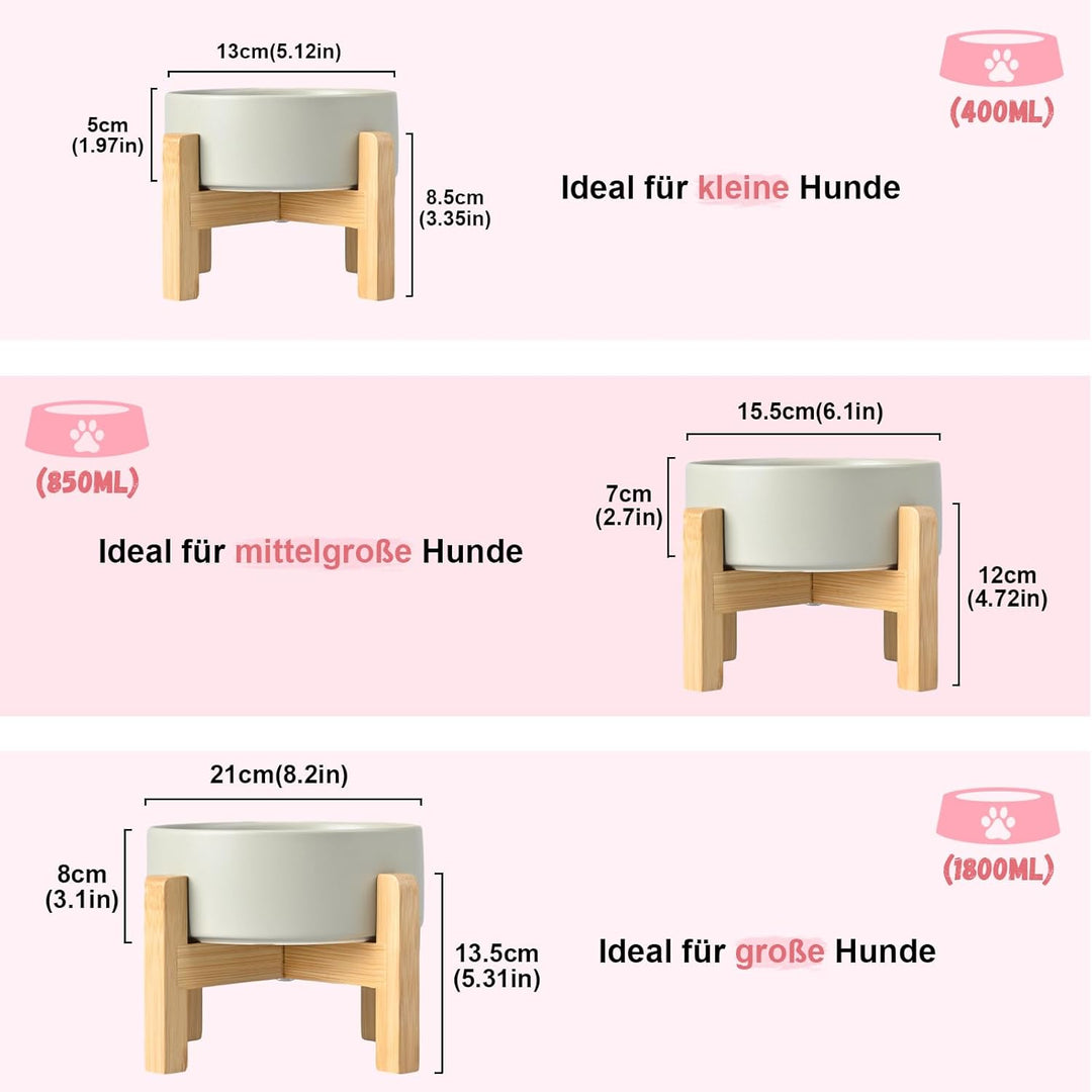 SPUNKYJUNKY Hundenapf Keramik Erhöhter Futternapf Set mit Bambus Ständer für Katzen und Hunde (1800m