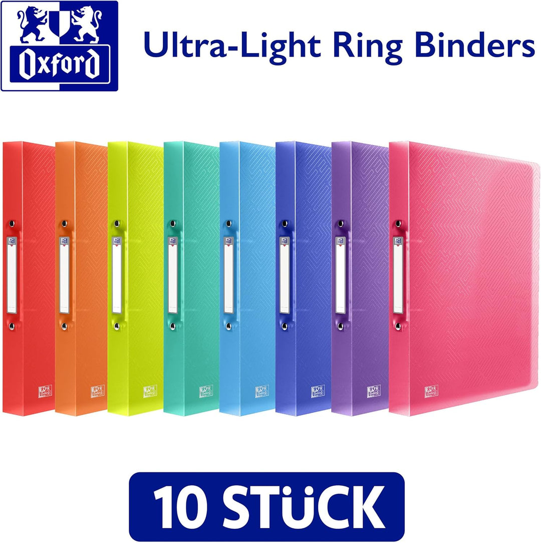 Oxford Ringbuch A4, Rückenbreite 2 cm, 2 Ringe, Kunststoff, 8 Farben, 10 Stück, 8 Farben