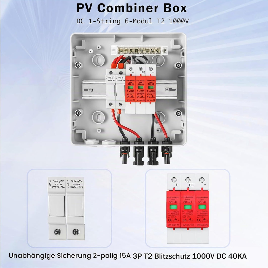 Warmfay Überspannungsschutz PV Solar Blitzschutz 1000V DC 32A T2, PV Anschlusskasten 1 String 6 Modu