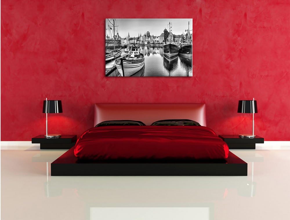 Pixxprint Hafen in der Dämmerung / 100x70cm Leinwandbild bespannt auf Holzrahmen/Wandbild Kunstdruck