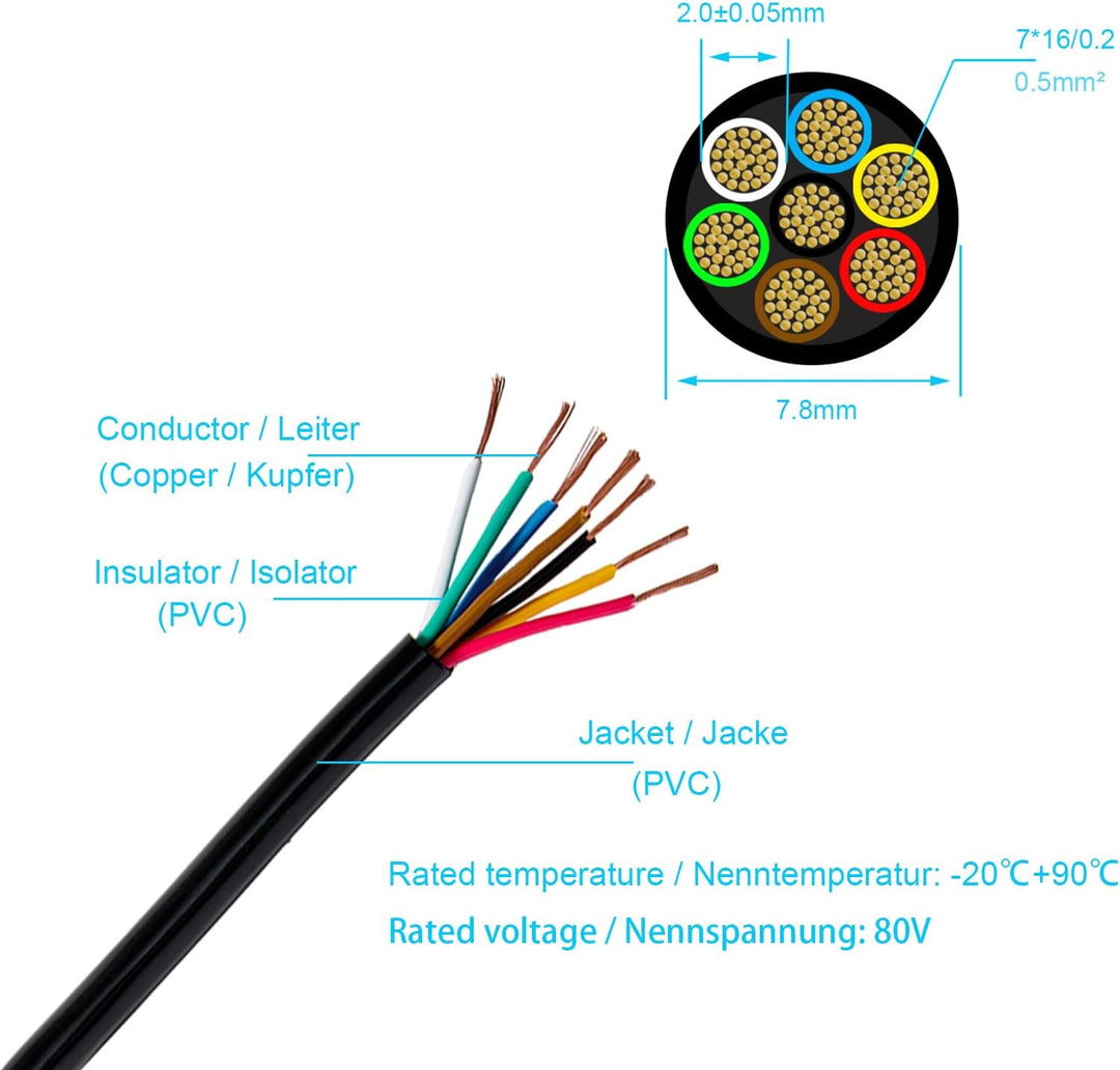 BEIJISTAR 10M Fahrzeugleitung 7x0,5mm² Rundkabel, 12V 24V 7 Adriges Anhängerkabel, 7 Adriges Elektro