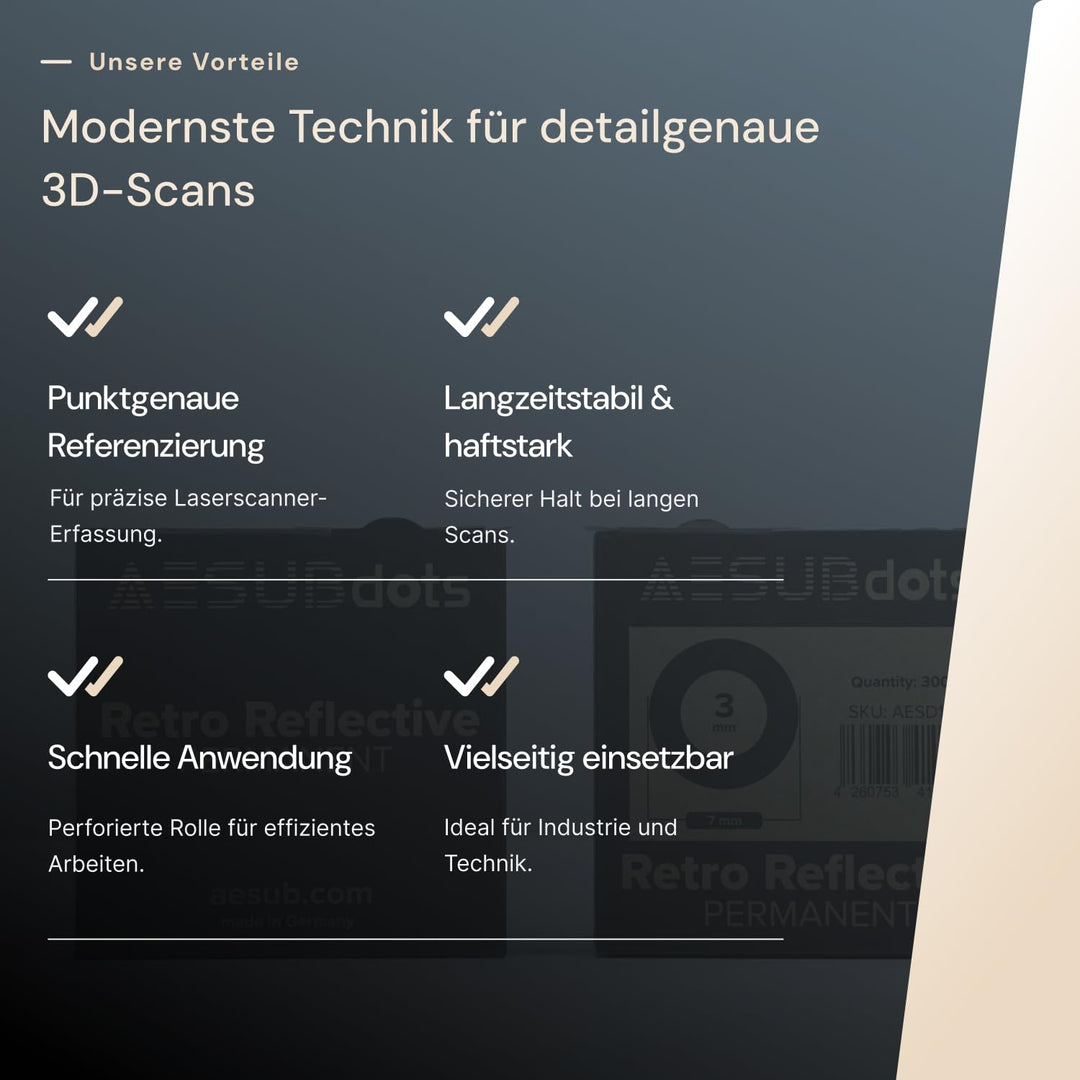 AESUB dots - Referenzpunkt für 3D Scannen, diffuse & retro reflektierende Reflexionsmarker (3 mm, Re