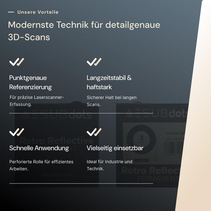 AESUB dots - Referenzpunkt für 3D Scannen, diffuse & retro reflektierende Reflexionsmarker (3 mm, Re
