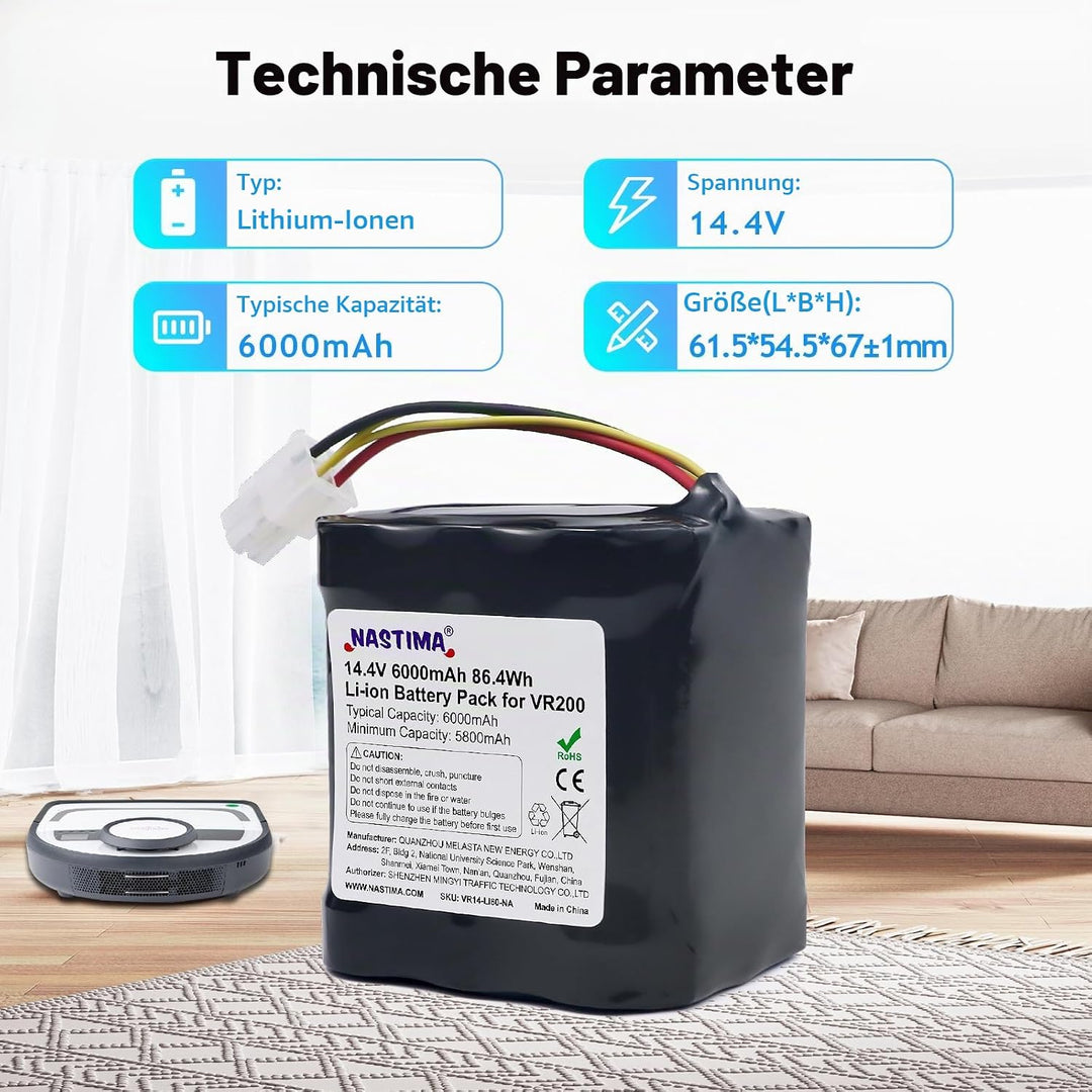 NASTIMA 14,4V 6000mAh Li-Ion Akku Kompatibel mit Vorwerk Kobold VR200, Art.-Nr. 20884-1, 4NCR18650P2