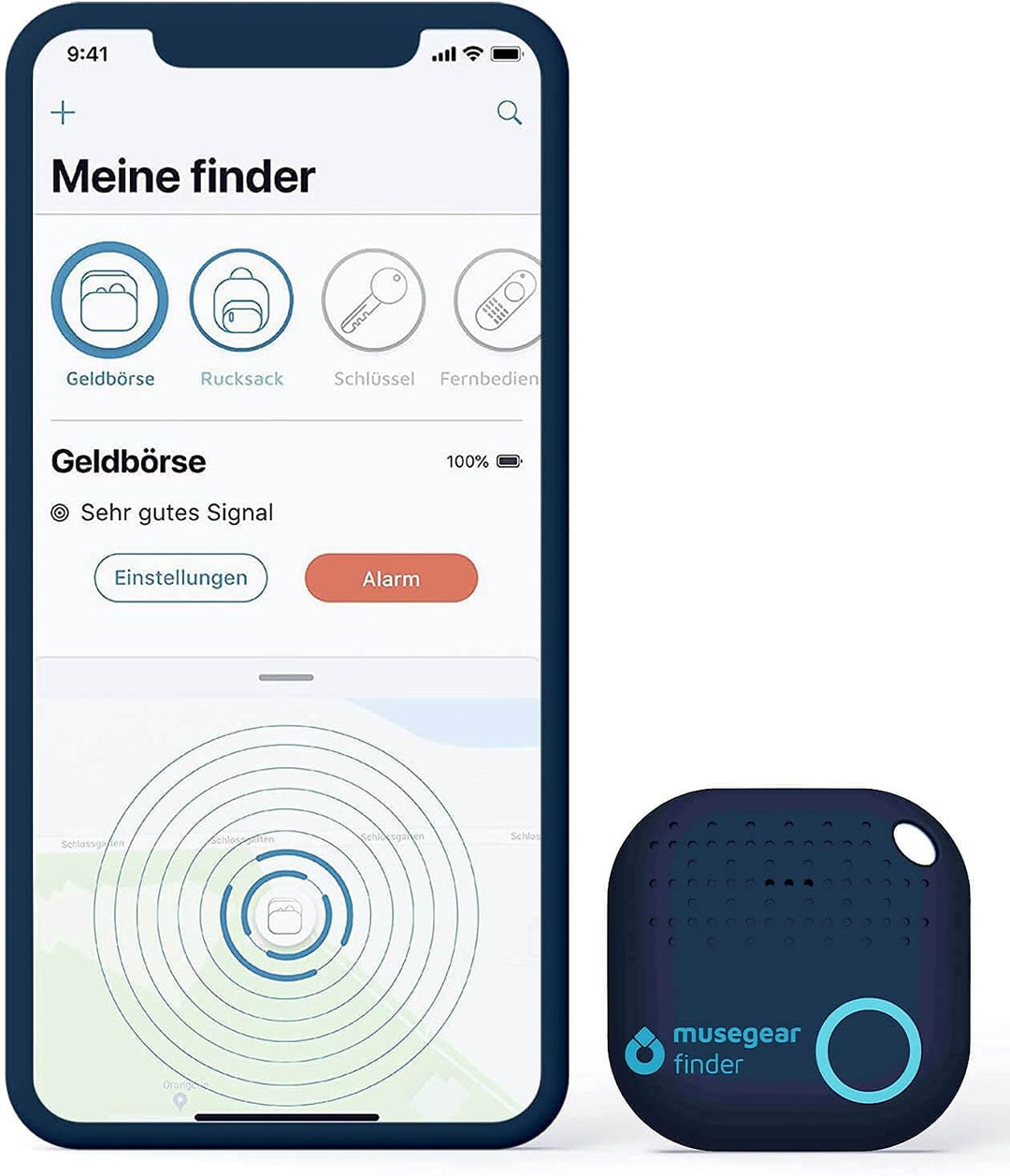 musegear Schlüsselfinder mit Bluetooth App aus Deutschland in edler Kork-Tasche I Finder dunkelblau