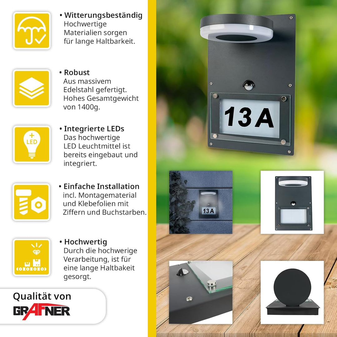 Grafner 2in1 Edelstahl Wandlampe mit beleuchteter Hausnummer und Bewegungsmelder, Dämmerungssensor,