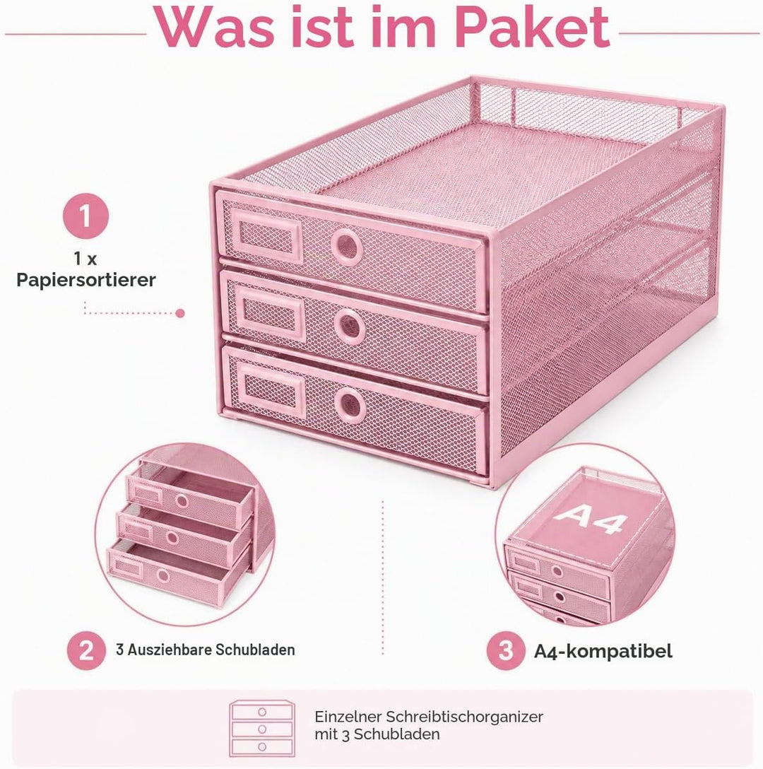 EXERZ Papier Sortierer mit 3 Schubladen/A4 Dokumente/Schubladenbox - Drahtgeflecht Büroablage/Aufbew