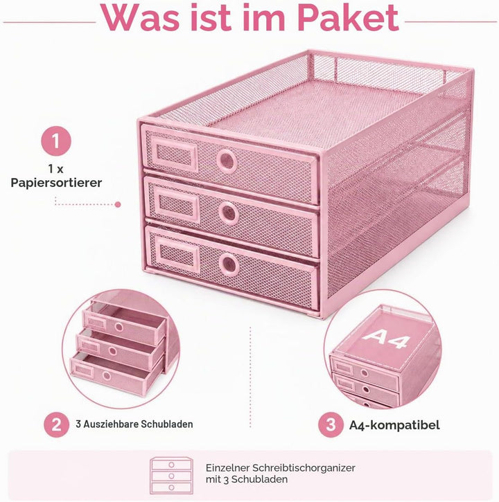 EXERZ Papier Sortierer mit 3 Schubladen/A4 Dokumente/Schubladenbox - Drahtgeflecht Büroablage/Aufbew