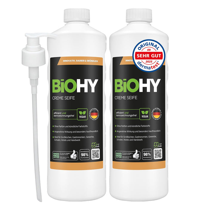 BiOHY Creme Seife (2 x 1 liter) + Pumpspender | Hautschonende, rückfettende &amp; geruchsneutrale Handse