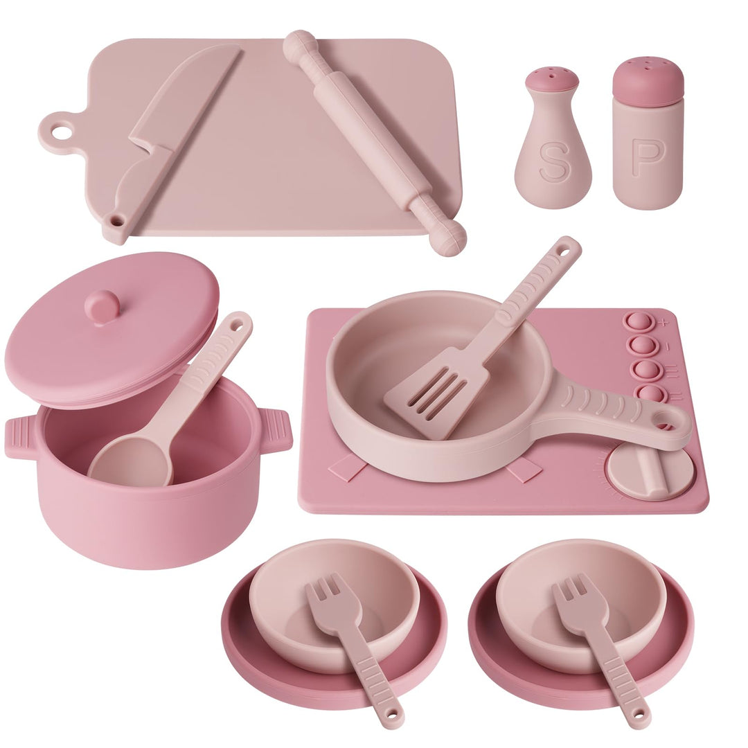 HOTUT Kindergeschirr Spielküche,16 Stück Kinderküche Kindergeschirr Set,Silikon Küchenzubehör Kinder