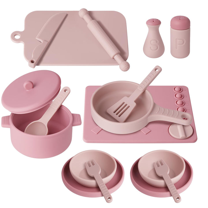HOTUT Kindergeschirr Spielküche,16 Stück Kinderküche Kindergeschirr Set,Silikon Küchenzubehör Kinder