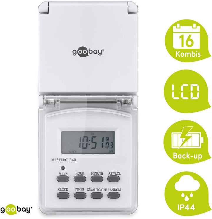 Goobay 55546 3x Digitale Zeitschaltuhr / IP44 / Programmierbar / Indoor und Outdoor / LCD Display /