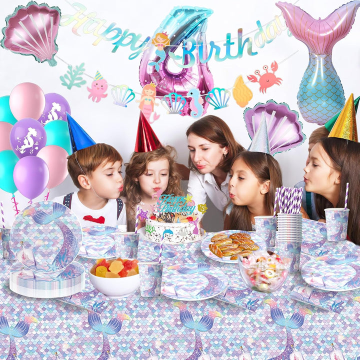 Meerjungfrau Geburtstag Deko Kindergeburtstag Partygeschirr Set mit Luftballons für 16 Gäste 4 Jahre