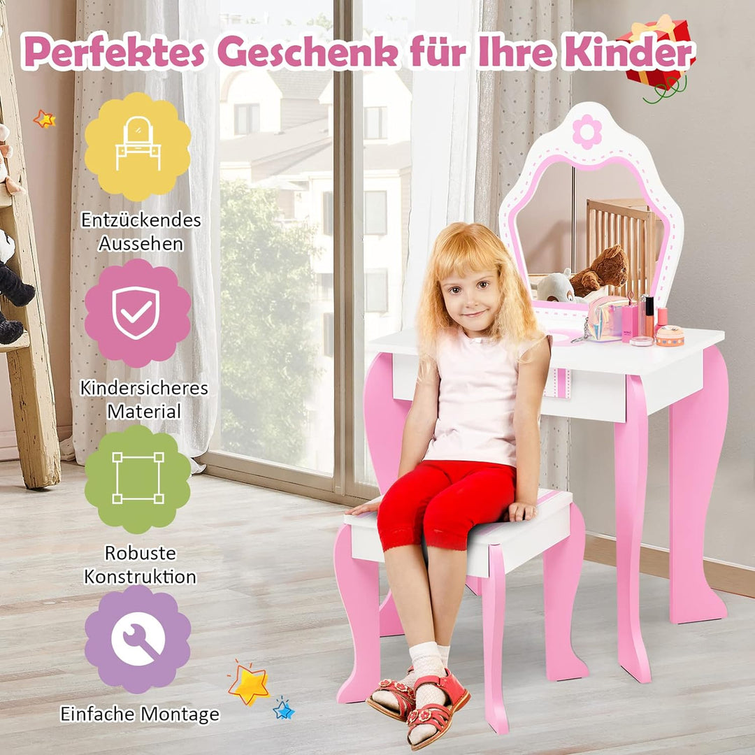 GOPLUS Kinder Schminktisch Set, Make up Schminktisch mit Hocker Spiegel, 2 in 1 Frisiertisch mit Sch