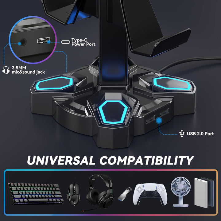 KDD Gaming Headset Halterung & Controller Halter mit 9 Lichtmodi, Universal Kopfhörer Halter mit USB