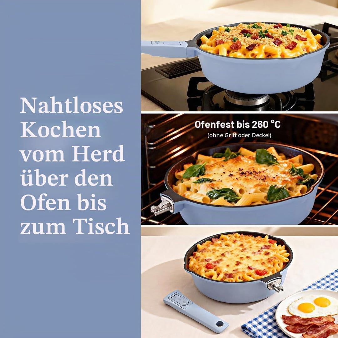 Pfanne 24cm mit Deckel, Aluminium Bratpfanne Hoher Rand mit Abnehmbarer Griff, Schmorpfanne 24 cm fü
