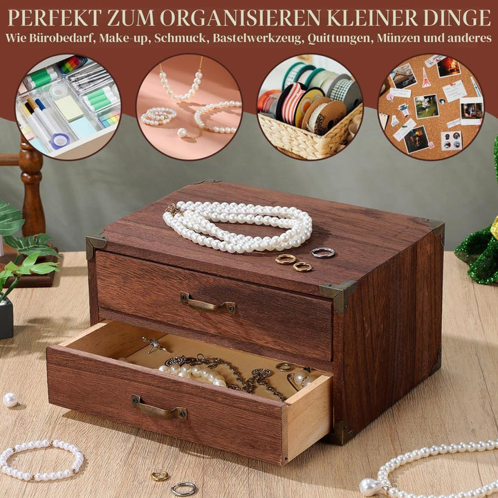Ciieeo Vintage Schreibtisch Organizer aus Holz, Retro Aufbewahrungsbox mit 2 Schubladen und Metall-E
