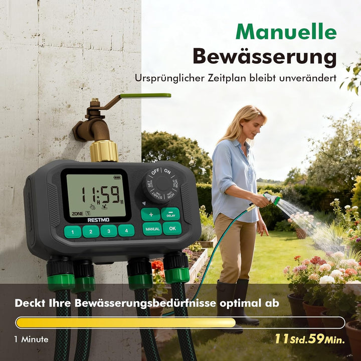 RESTMO 4 Zonen Bewässerungscomputer mit integriertem RF-Chip und Fernbedienung, automatisch/manuell/
