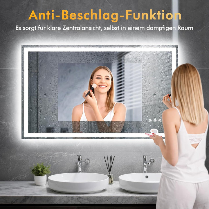 Grosser Badspiegel mit Beleuchtung und Antibeschlag, 100x60cm LED Spiegel mit Licht, 3 Farben Dimmba