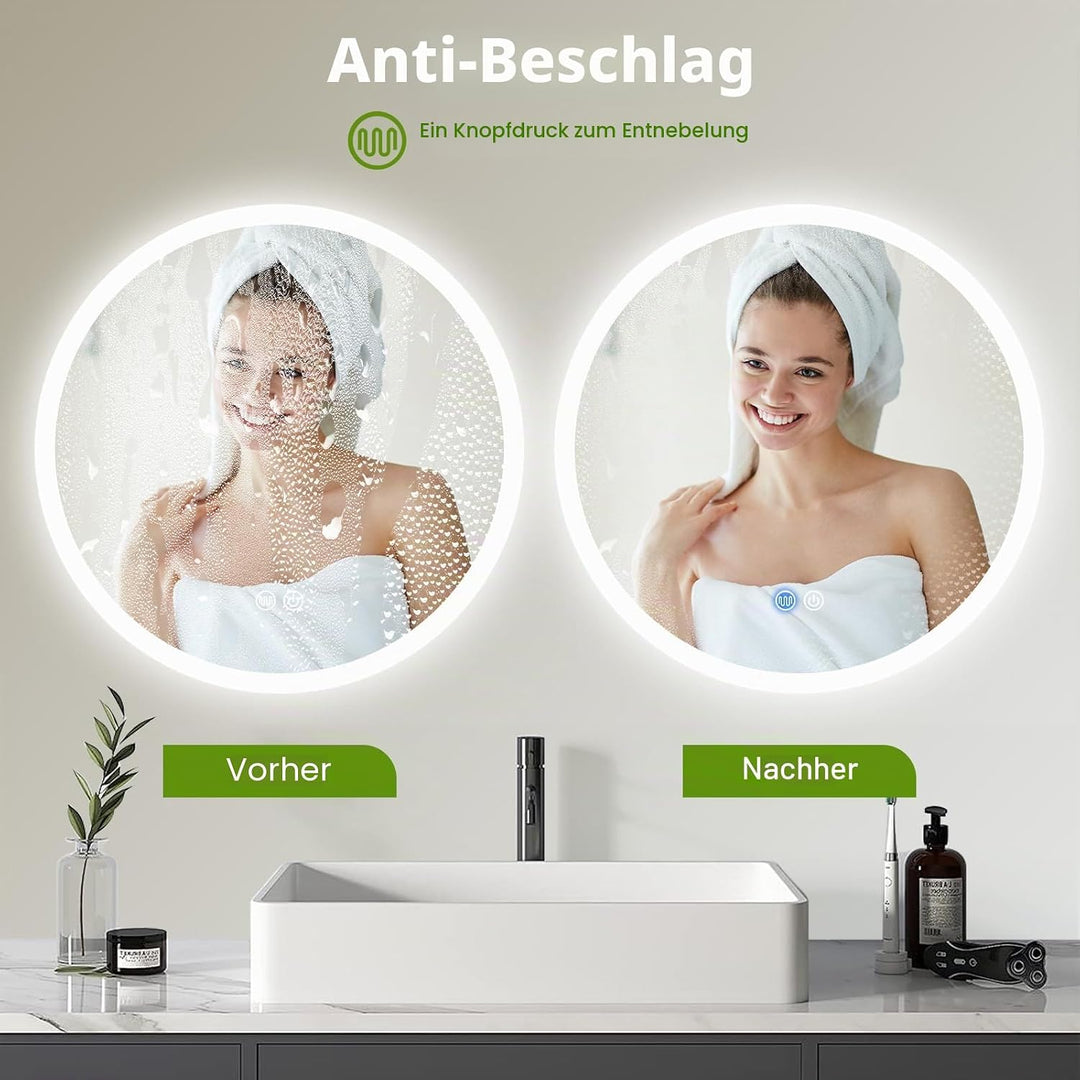 Youyijia Spiegel LED-Badspiegel Rund 70cm Mit Beleuchtung, Touch-Schalter, Dimmbar, 3 Lichtfarben, B