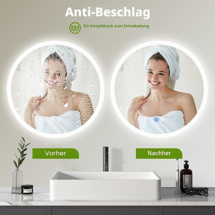 Youyijia Spiegel LED-Badspiegel Rund 70cm Mit Beleuchtung, Touch-Schalter, Dimmbar, 3 Lichtfarben, B