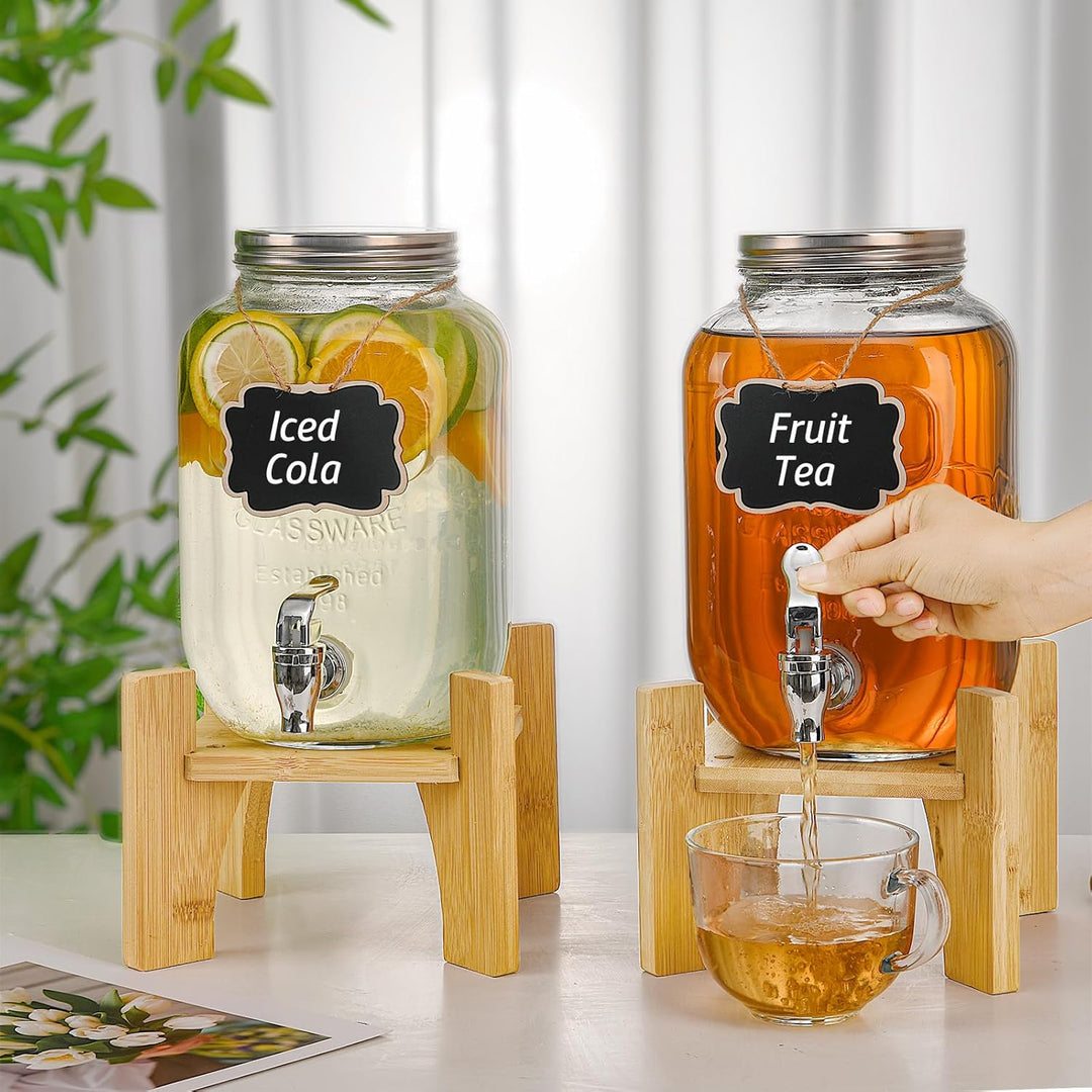 2 x 4L Getränkespender mit Ständer, Getränkespender Glas mit Zapfhahn, Glas-Wasser-Saft-Spender mit