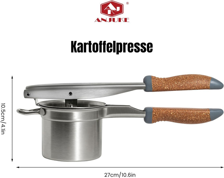 Kartoffelpresse Edelstahl mit fester Scheibe, Robuster Kartoffelstampfer mit Holz-Kunststoff-Griff,