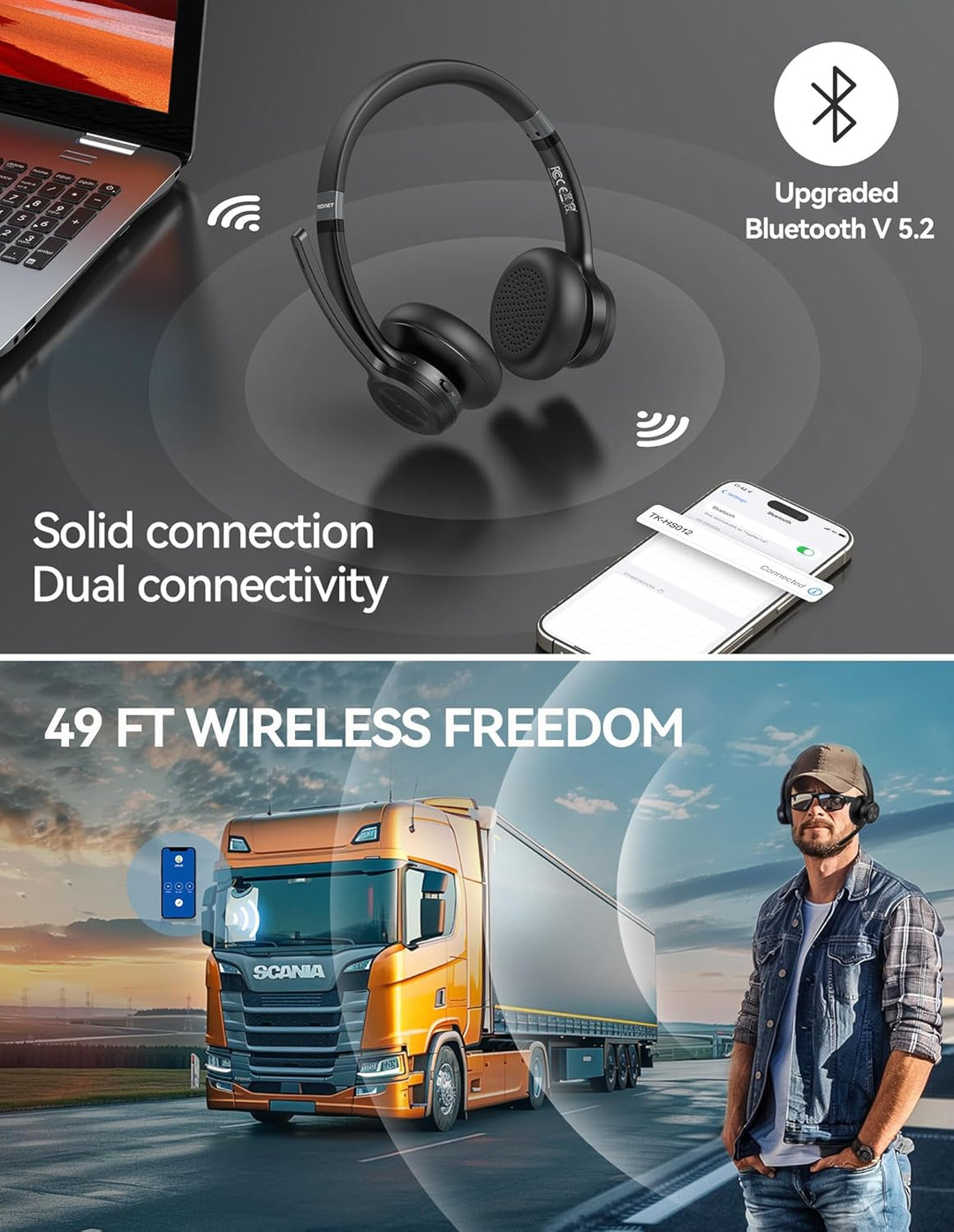 TECKNET V5.2 Bluetooth Headset mit Mikrofon, Wireless Headset mit Noise Cancelling und Stummschaltun